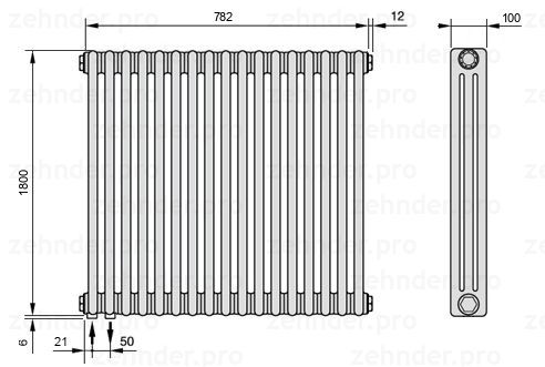 Схема (чертеж) Радиатор Zehnder Charleston 3180/17 №3370 Белый глянцевый RAL 9016